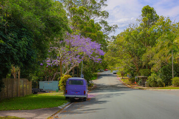 Obraz premium A purple van under a tree, purple flowers, in spring.