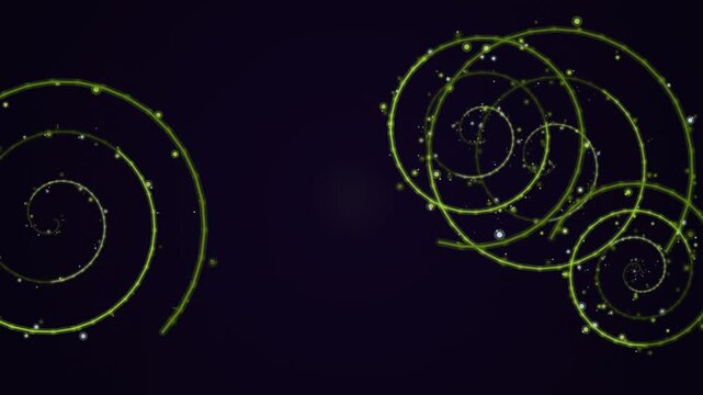 Abstract golden spirals and particles on dark background, modern design.