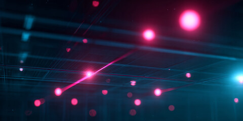 Fototapeta premium Abstract digital network of glowing pink nodes and blue grid lines, representing data flow and connectivity in a futuristic cyberspace