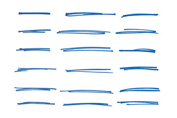 Fototapeta premium Set of blue hand drawn marker pen stroke line transparent background design element doodle scribble underline