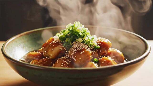 Chef cooking Asian food in wok with flames, adding sauce to chicken and vegetables