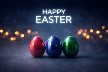 Three shiny Easter eggs in red blue and green colors on a dark background with bokeh lights and Happy Easter text in white