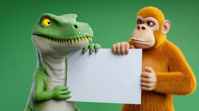Colorful cartoon dinosaur and monkey characters hold a blank white sign, showcasing a playful interaction against a vibrant green background