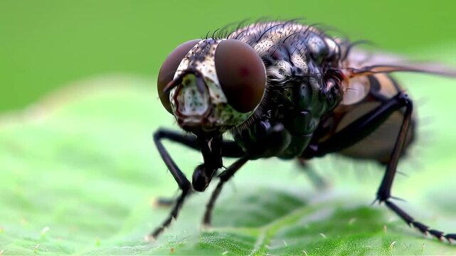 Macro close-up of a common house fly resting on a vibrant green leaf showcasing intricate details and textures with a shallow depth of field