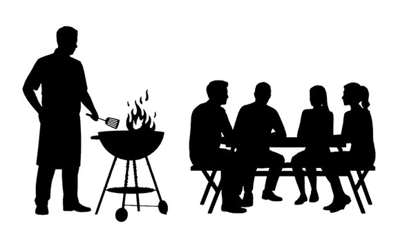 BBQ Silhouette Gathering: A group of friends and family gathered in the open air, enjoying a delightful BBQ, a symbol of togetherness and relaxation.