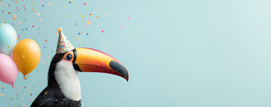 Funny toucan bird wearing hat with happy birthday balloons, hat and confetti explosion flying around greeting card on pastel blue background with copy space.