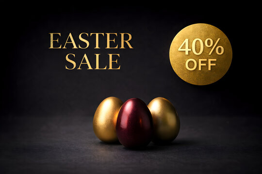 Easter sale promotion featuring three shiny eggs in gold and red on a dark gray background with a gold circle and text announcing 40 percent off