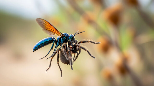Tarantula hawk wasp carrying tarantula in mid air with blurred background