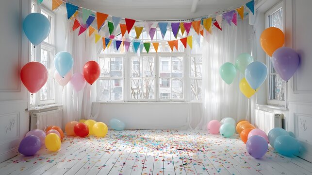 Spacious white room completely decorated for a festive party with hanging triangular bunting banners and vibrant floating helium balloons.