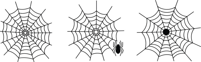 Fototapeta premium Set of detailed spider web vector illustrations with spider silhouette in black line art, isolated on white background for Halloween decoration design.