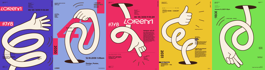 A series of colorful posters featuring abstract hand illustrations with playful gestures. Each design incorporates bold typography and vibrant backgrounds, creating a modern aesthetic.