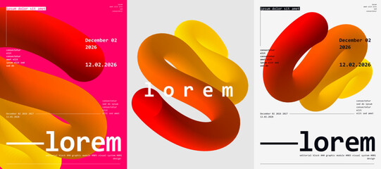 Abstract 3D shapes in vibrant orange and yellow hues create a dynamic visual effect. The design features modern typography and a futuristic date, enhancing its contemporary appeal.
