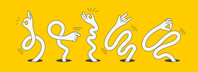 Illustration of five cartoon hands emerging from holes, each making different gestures against a bright yellow background. The playful design conveys creativity and fun.