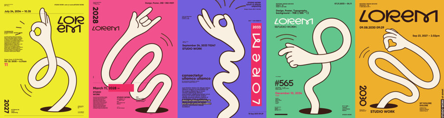 Colorful abstract posters featuring elongated, stylized hands making various gestures. Each design incorporates bold typography and vibrant backgrounds, creating a modern aesthetic.