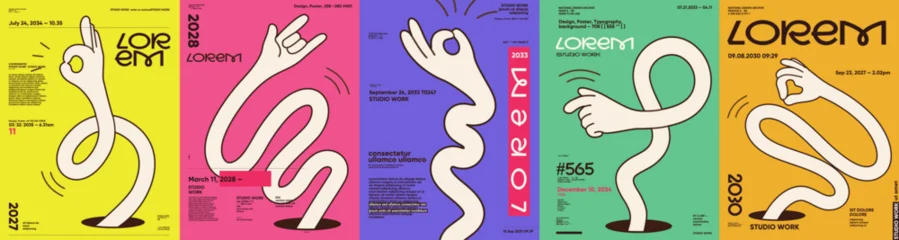 Selbstklebende Fototapeten Marienkäfer Colorful abstract posters featuring elongated, stylized hands making various gestures. Each design incorporates bold typography and vibrant backgrounds, creating a modern aesthetic.  © Molibdenis-Studio