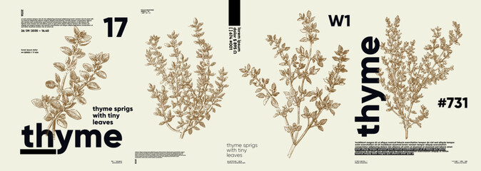 Illustration of thyme sprigs with intricate detailing, showcasing tiny leaves and stems. The design features a vintage aesthetic, perfect for culinary or botanical themes.