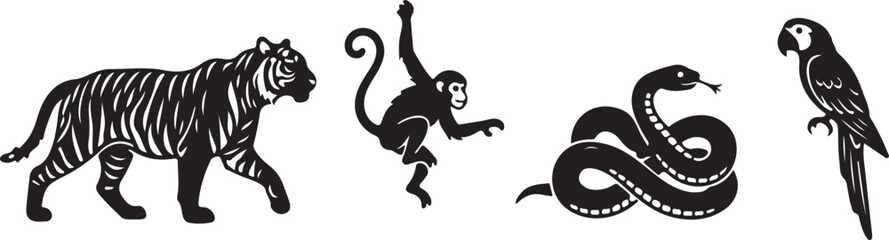 Obraz premium jungle wildlife silhouette set tiger monkey snake parrot