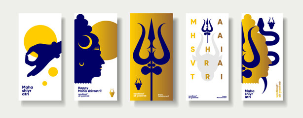 A set of five modern Maha Shivratri banners featuring abstract designs in blue and gold. Each banner showcases symbolic elements like tridents and profiles, celebrating the festival.