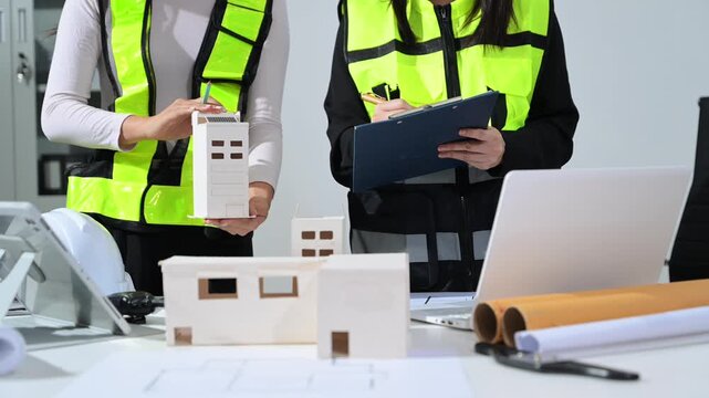 Construction engineers in safety vests reviewing blueprint and house model, using tablet and walkie talkie for project planning, site inspection