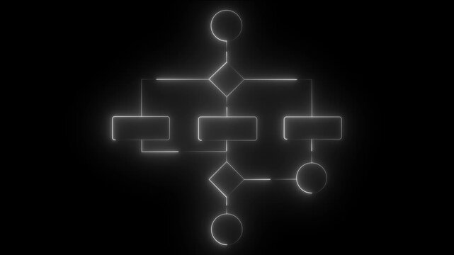 Glowing flowchart diagram with interconnected shapes and lines on black background for business process education and presentation