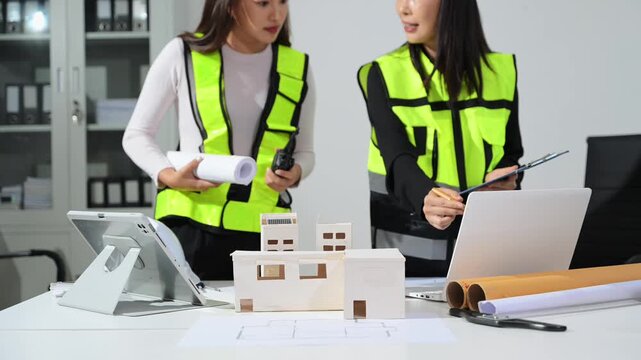 Construction engineers in safety vests reviewing blueprint and house model, using tablet and walkie talkie for project planning, site inspection
