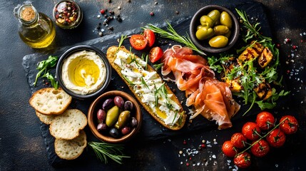 Professional top-down view of healthy mediterranean food on a dark stone plate