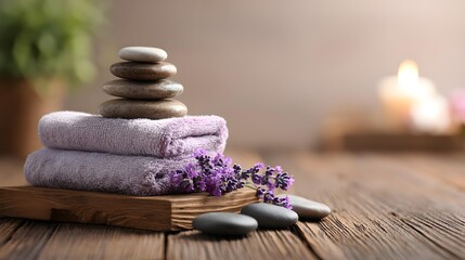 Wooden massage table with stones and lavender, spa atmosphere, soft focus