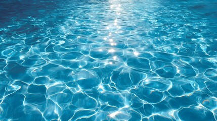 Water ripples in a bright blue swimming pool, sunlight reflections, crystal clear
