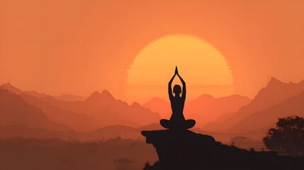 Abstract yoga silhouette in front of a giant rising sun, peaceful, orange tones