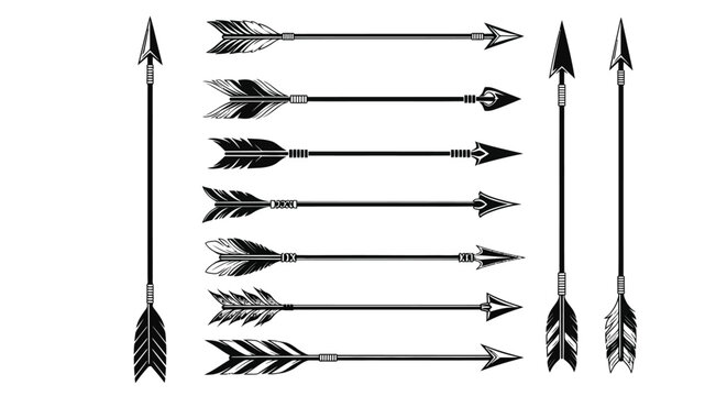 Collection of diverse vintage arrow vector illustrations with different feathered fletching and arrowheads design.