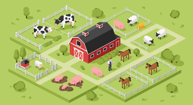 Farm Scene with Animals and Barn.