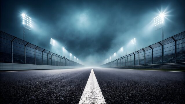 Professional race track at night under bright stadium floodlights with thick fog over dark asphalt road and grandstands