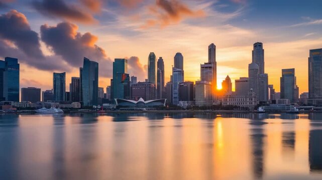 Skyline Of High-rise Buildings At Sunrise Reflecting On Calm Water With Colored Clouds In The Background Serene Cityscape View Usable As Travel Visual
