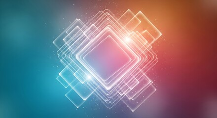 Glowing white neon squares overlapping layers on colorful gradient background