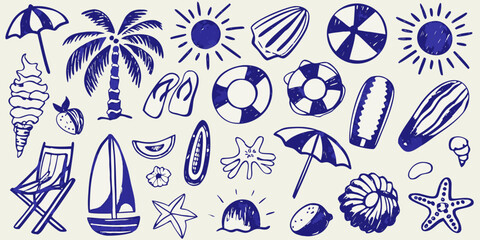 Blue line drawing of summer vacation icons including palm trees sun beach balls and seashells © Lalin