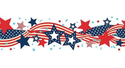 Horizontal seamless border with red and white striped ribbons, navy blue ribbons with white polka dots, and various red, navy, and light blue stars and confetti isolated on White Background