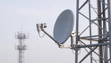 Closeup medium shot of a microwave backhaul dish mounted on a tower showing precise aiming adjustments while the distant tower fades out of focus.