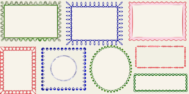 Various decorative borders and frames in different shapes and colors arranged on a light background