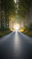 Fototapeta premium Paved road stretching through a dense tree lined forest tunnel sunlight at end