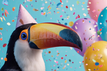 Fototapeta premium Funny toucan bird wearing hat with happy birthday balloons, hat and confetti explosion flying around greeting card on pastel blue background.