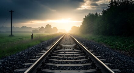 Obraz premium Train tracks leading to the horizon at sunset in a rural landscape