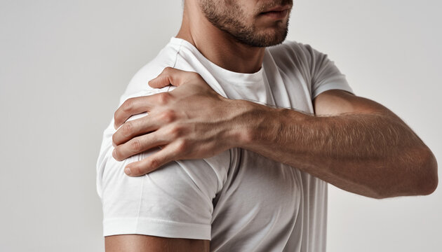 Man in White T-Shirt with Hand on Shoulder Facing Right in Gray Background Showing Discomfort