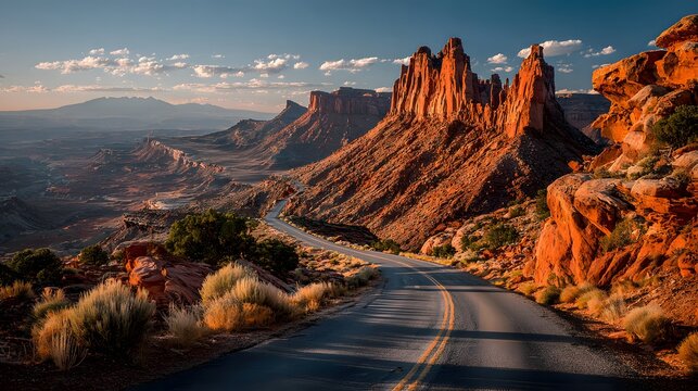 Iconic winding asphalt highway slicing right through a dramatic desert canyon landscape bathed in breathtaking golden hour lighting shadows.