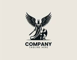 Naklejka premium Angel warrior with wings holding sword over demon in clean modern symbolic vector illustration style