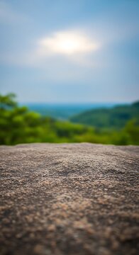 A large rock in front of blurred green trees and blue sky