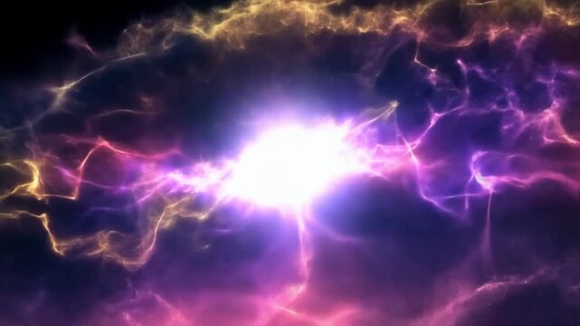 From a blinding point of light, waves of energy and particles expand into a colorful nebula in elegant slow motion concept of the big bang and creation