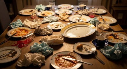 Dinner Party Table with Food and Dishes.
