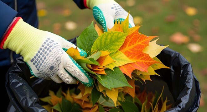 Gloved hands gathering a pile of colorful autumn leaves for yard cleanup