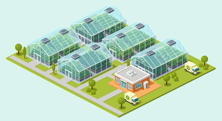Isometric Greenhouse Farm with Solar Panels.