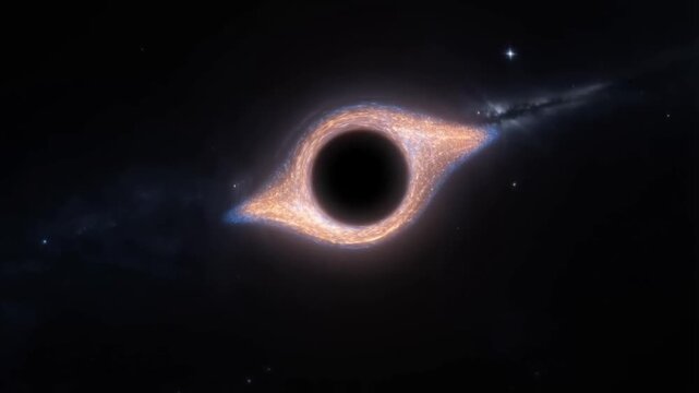 All light and particles slowly pulled into a central singularity warping space with lens distortion in an epic cinematic scene concept of gravity and cosmic singularity